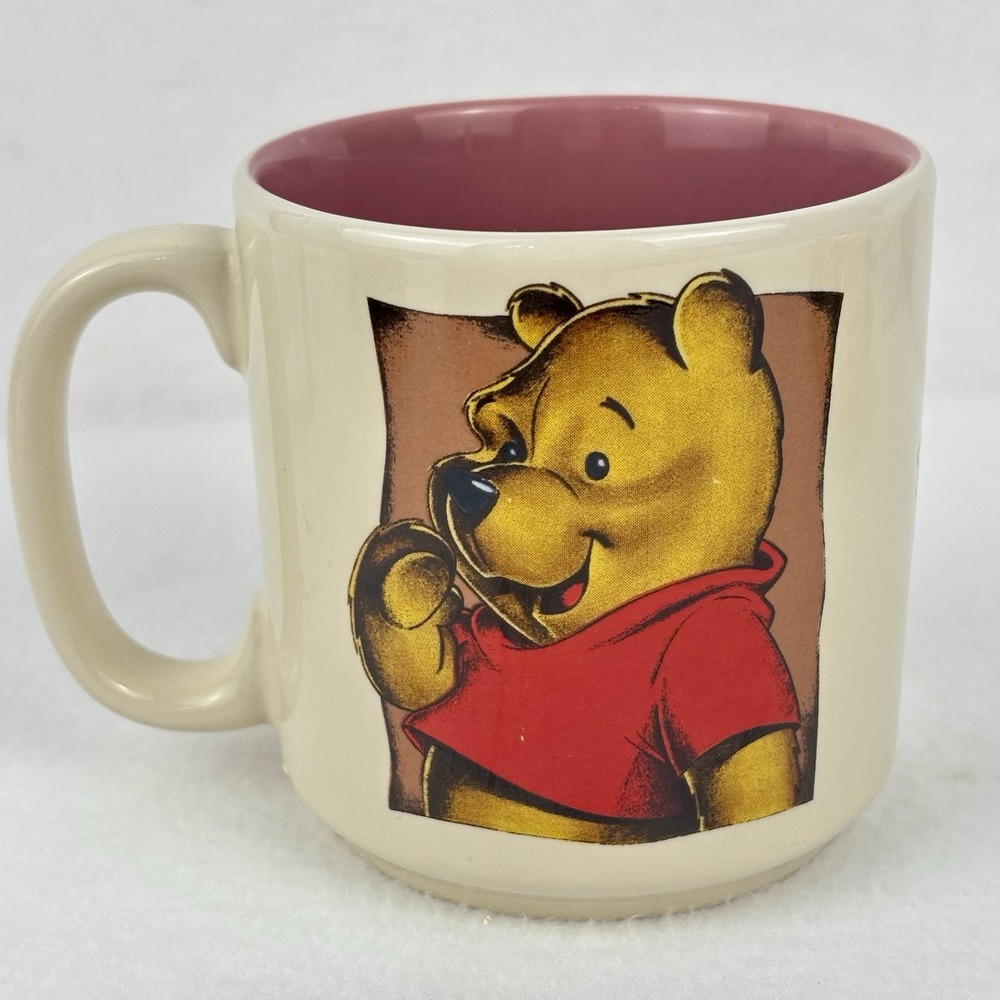 Disney Winnie The Pooh Bear Coffee Mug Cup Cream Pink 12oz Laughing Pooh